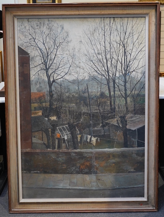 Anthony R. Cooke (British, b.1933), oil on board, House Boat Tringa, River Bank, Shoreham By Sea, unsigned, inscribed verso, 116 x 80cm. Condition - fair